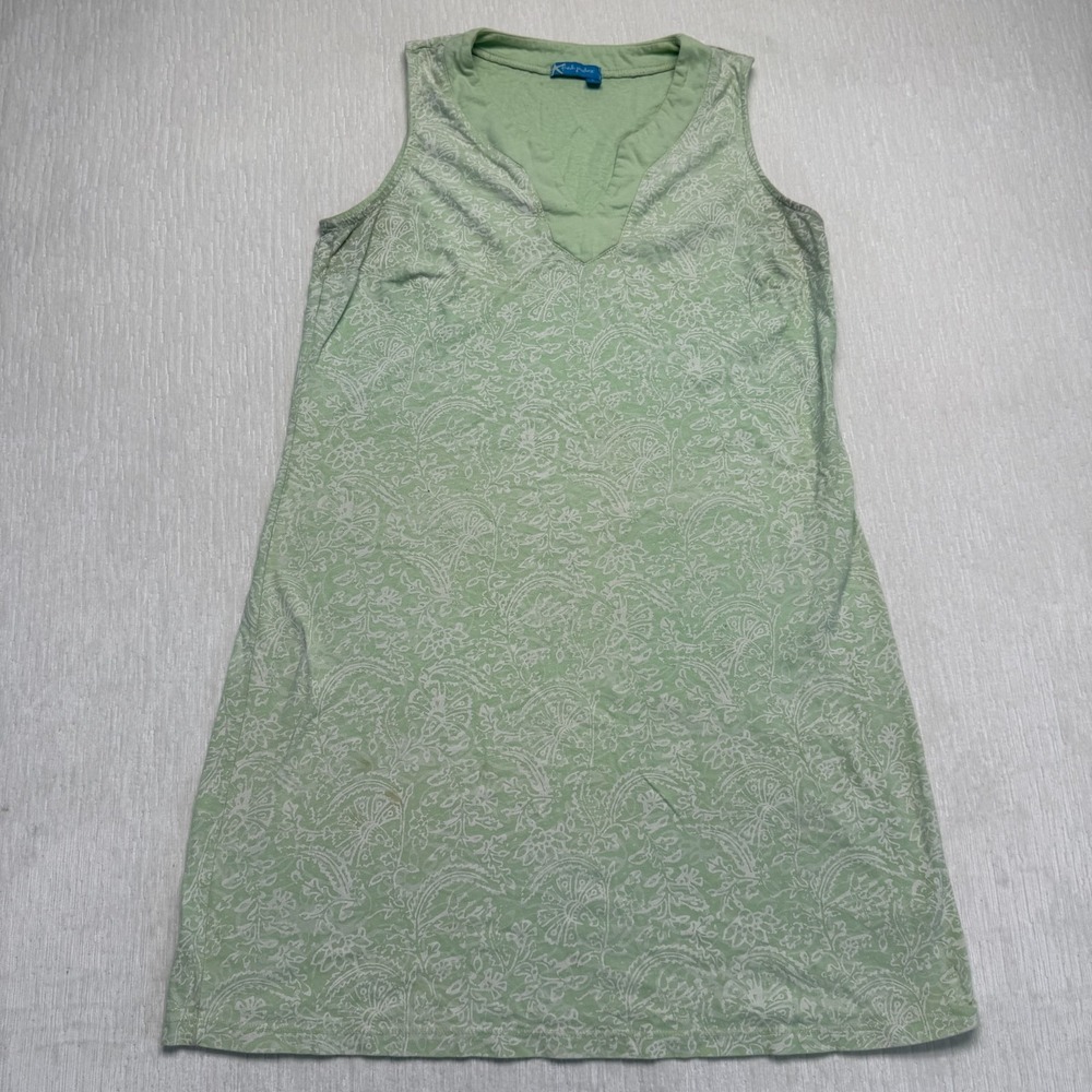 Fresh Produce A-Line Dress XL Green White Floral Knit Sleeveless Casual V-Neck